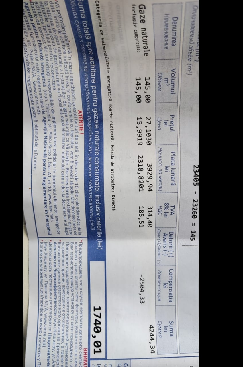 Încep să vină facturile la gaz pentru luna noiembrie. Mai mulți cetțeni au publicat pe rețelele de rețelele de socializare sumele pe care le au de plătit, după compensațiile oferite de Guvernul Gavrilița