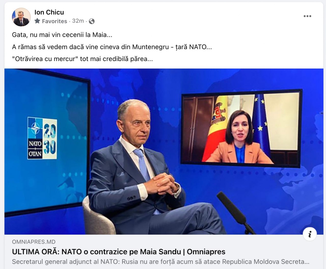 Nicio zi fără fake-uri de la Ion Chicu. Acesta, se pare, vrea să-l întreacă chiar și pe Bogdan Țîrdea în această categorie. A distribuit o știre cu titlul scris intenționat manipulator, precum că NATO o contrazice pe Maia Sandu