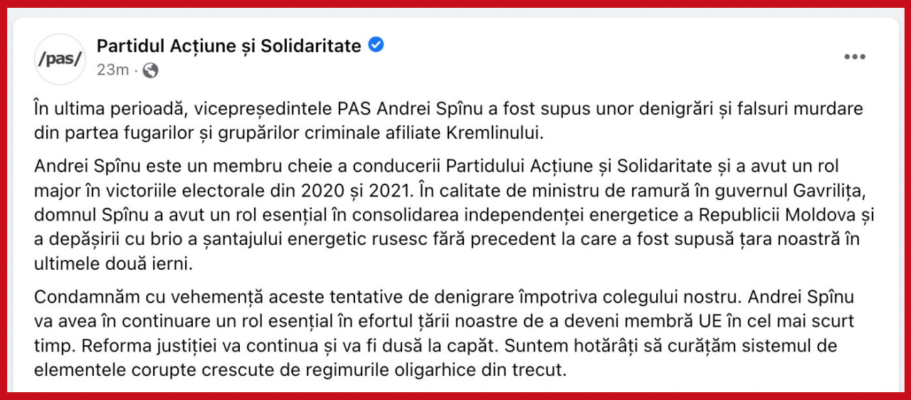 Partidul de guvernare a emis o declarație de susținere a lui Andrei Spînu, după declarațiile incendiare de ieri, făcute în cadrul unui interviu pe care l-am realizat și îl puteți urmări aici