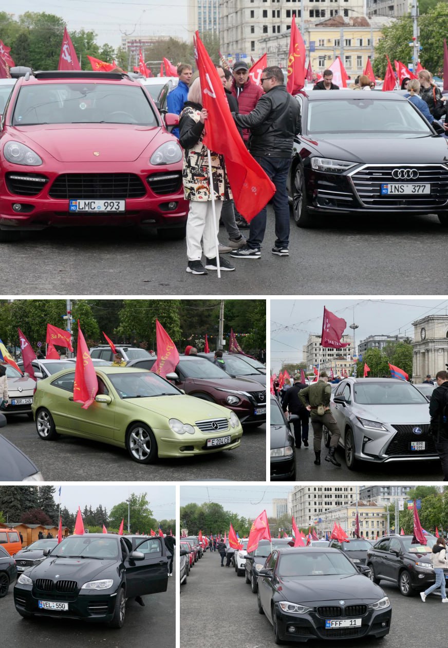 Alți exponenți ai lui "Jora Pobediteli". Mașini de lux, fabricate de companii germane și japoneze, și drapele cu secera și ciocanul în centrul capitalei de 9 mai. Așa au venit unii oameni care au participat azi la Marșul Victoriei