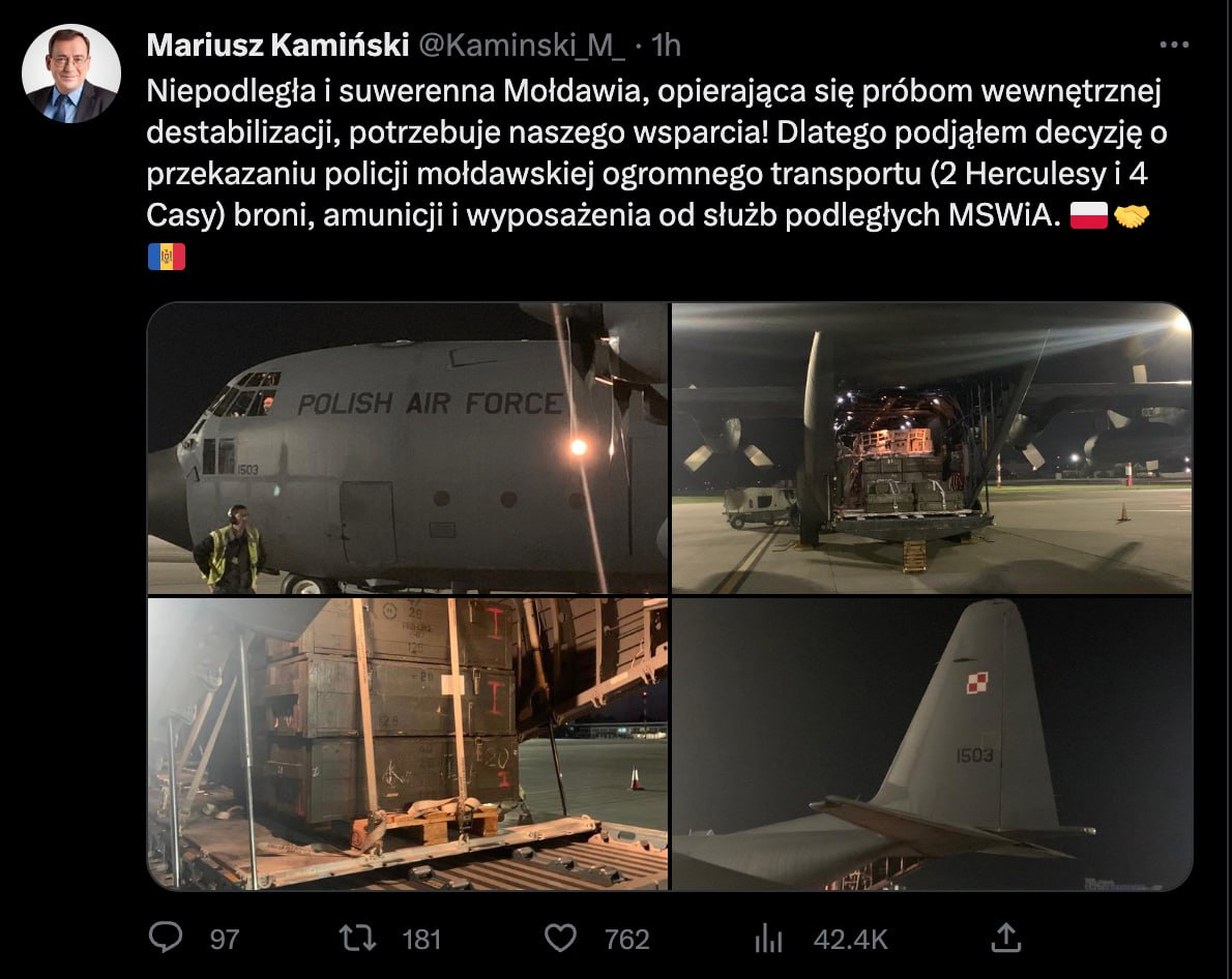 "Cadouri" pentru poliția moldovenească. Ministrul de interne al Poloniei a decis să înnoiască echipamentul polițiștilor moldoveni: A trimis un transport militar la Chișinău cu arme și muniții, încărcate în 2 avioane Hercules și 4 Cass, aflate în gestiunea ministerului de interne polonez