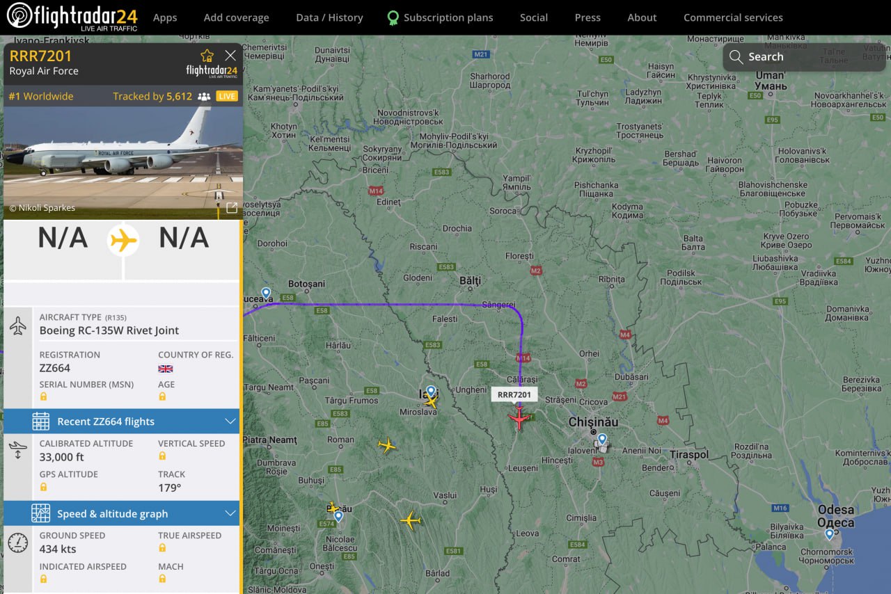 Un avion de recunoaștere al Forțelor Aeriene al Marii Britanii (Royal Air Force) a fost azi la prânz în spațiul aerian al R. Moldova, fiind cel mai urmărit pe FlightRadar
