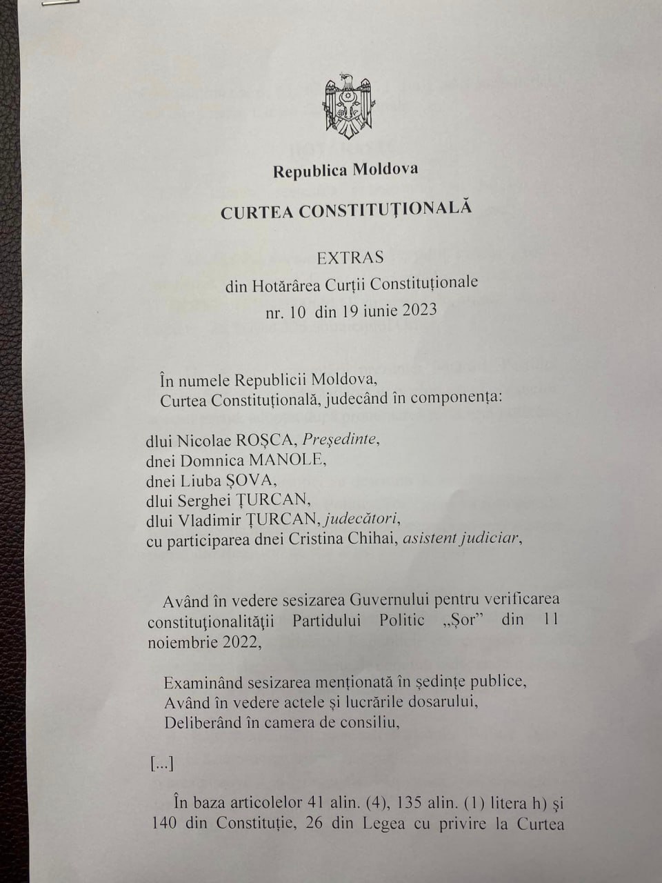 A fost publicat extrasul din decizia Curții Constituționale pe subiectul dizolvării Partidului Șor
