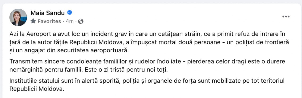 Maia Sandu, reacție după ce agresorul a omorât 2 cetățeni moldoveni azi la Aeroportul Chișinău: "Transmitem sincere condoleanțe familiilor și rudelor îndoliate - pierderea celor dragi este o durere nemărginită pentru familii