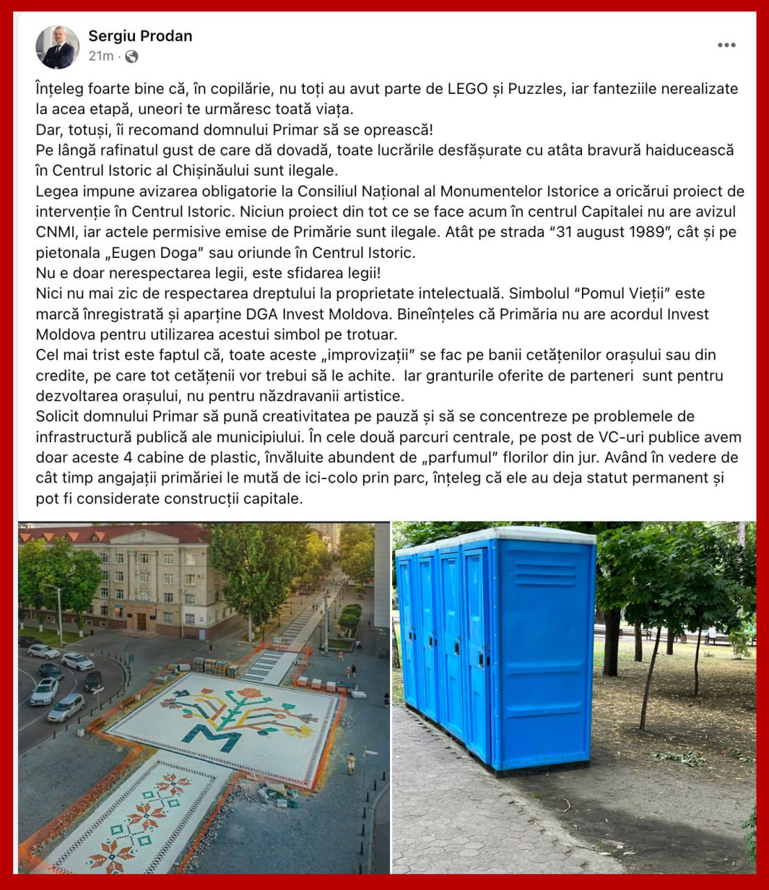 A intervenit și ministrul Culturii, Sergiu Prodan, care bate un semn de alarmă: Primarul construiște tot fără avize obligatorii. Mai mult - fără să fi cerut permisiunea de a folosi proprietatea intelectuală "Pomul Vieții": "Solicit domnului Primar să pună creativitatea pe pauză și să se concentreze pe problemele de infrastructură publică ale municipiului