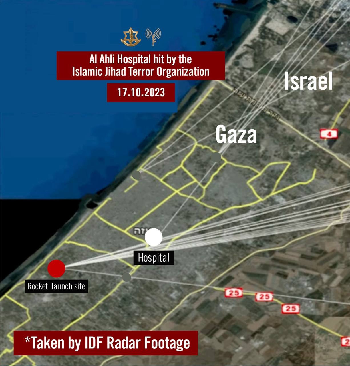 Armata israeliană prezintă secvențe video surprinse în direct de Al Jazeera, unde, susțin oficialii, s-ar vedea cum propulsorul unei rachetele lansate din Gaza cedează și aceasta ar cădea peste spital