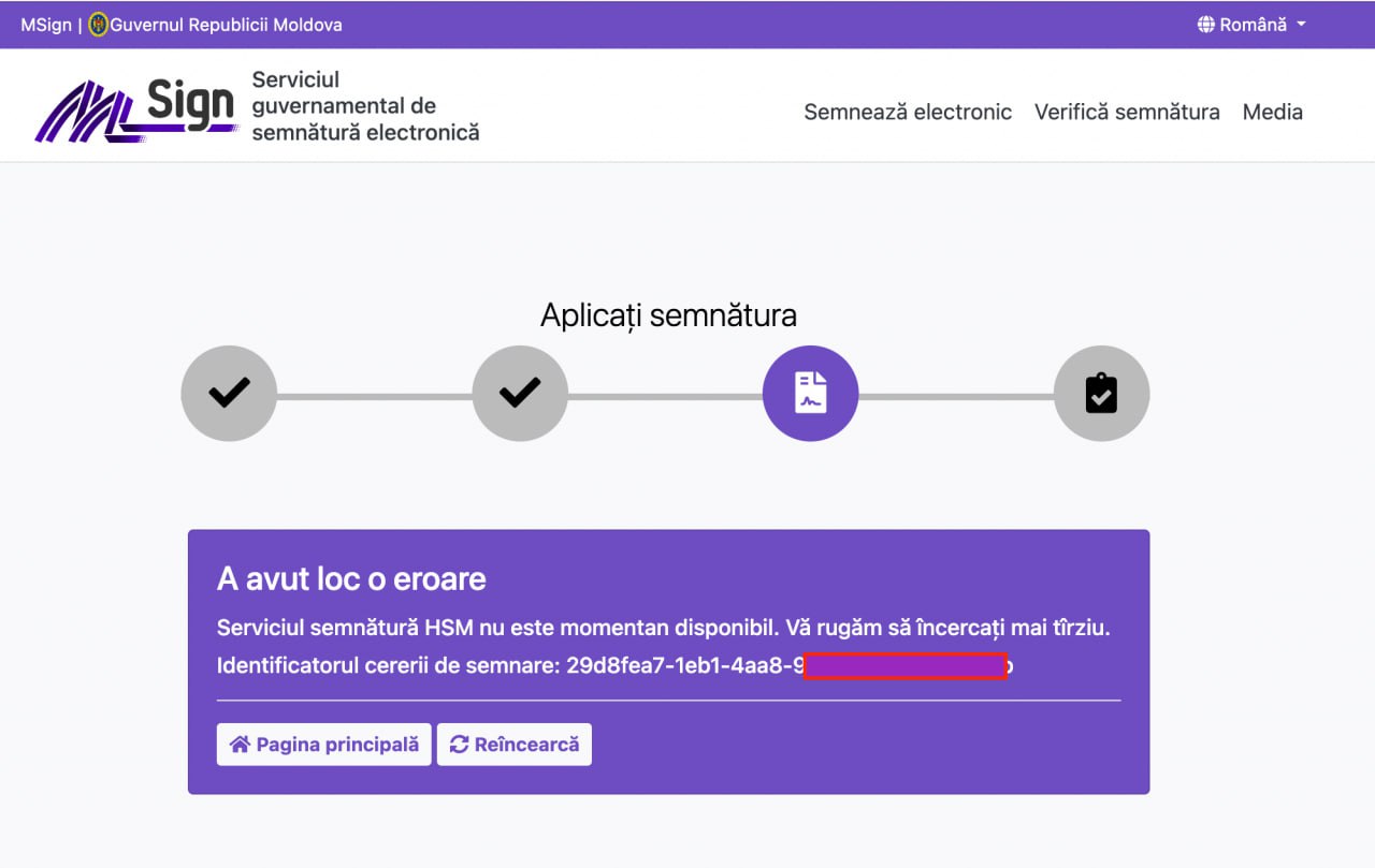 Digitalizare doar pe hârtie. Serviciul semnătură electronică mSign este din nou indisponibil. Așa e pe 25... sistemele au vacanță 🤬