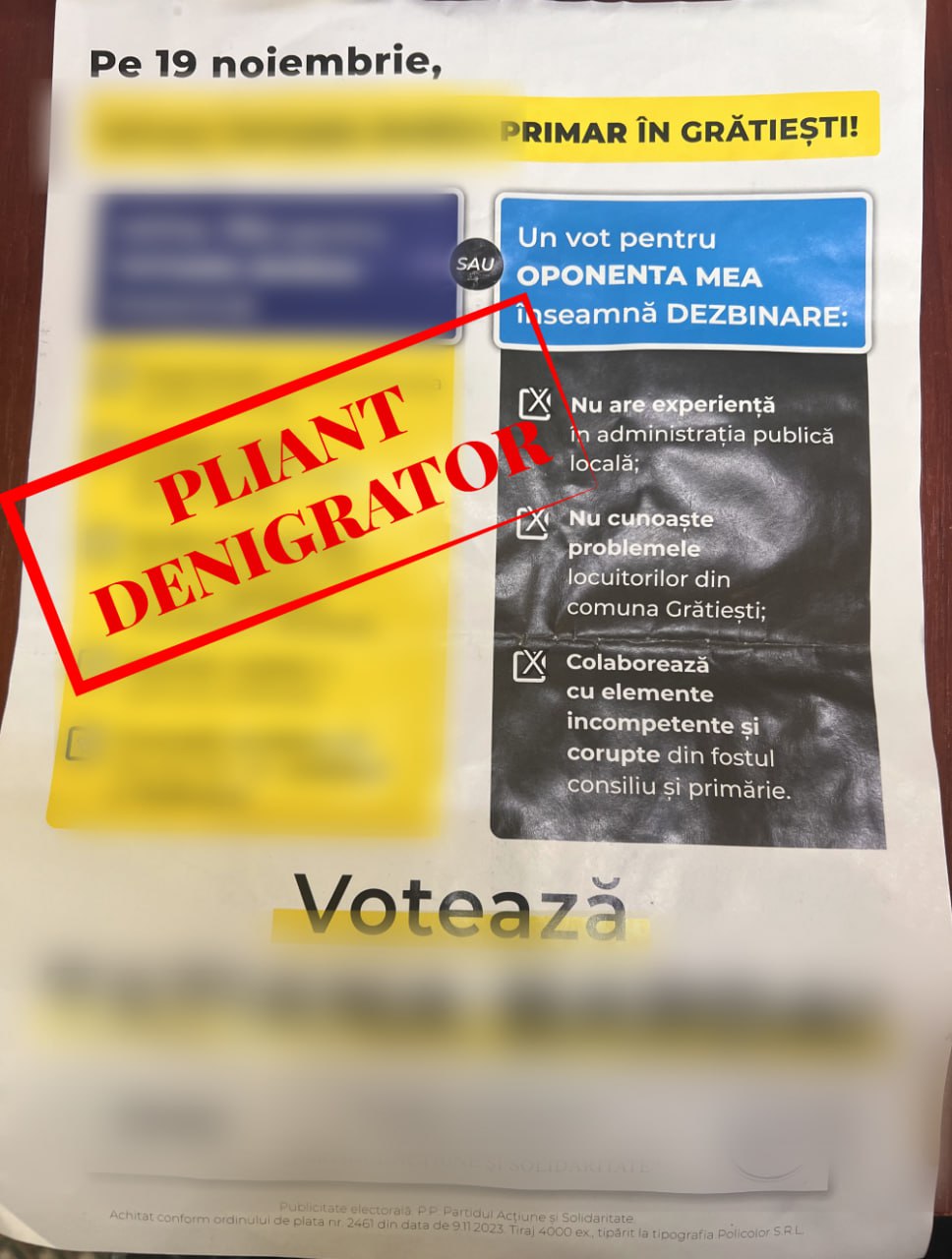 Platforma DA a depus o contestație la Comisia Electorală Centrală (CEC) în privința unui tiraj considerabil de pliante denigratoare ale PAS împotriva candidatei formațiunii la primăria comunei Grătiești, Olga Caraman: __"4.000 de pliante denigratoare împânzesc comuna Grătiești, împotriva candidatei Platformei DA la primărie, Olga Caraman: „Cei 30.000 de sirieni s-au mutat la Grătiești”__. În contestația depusă la CEC, Platforma DA solicită retragerea imediată a pliantelor denigratoare, sancționarea concurentului electoral responsabil de imprimarea și distribuirea falsurilor potrivit Codului electoral, art. 70 alin (1) și (2) și sesizarea autorităților competente pentru tragerea la răspundere a tuturor părților implicate potrivit Codului contravențional, art. 70 alin. (1) și (2)