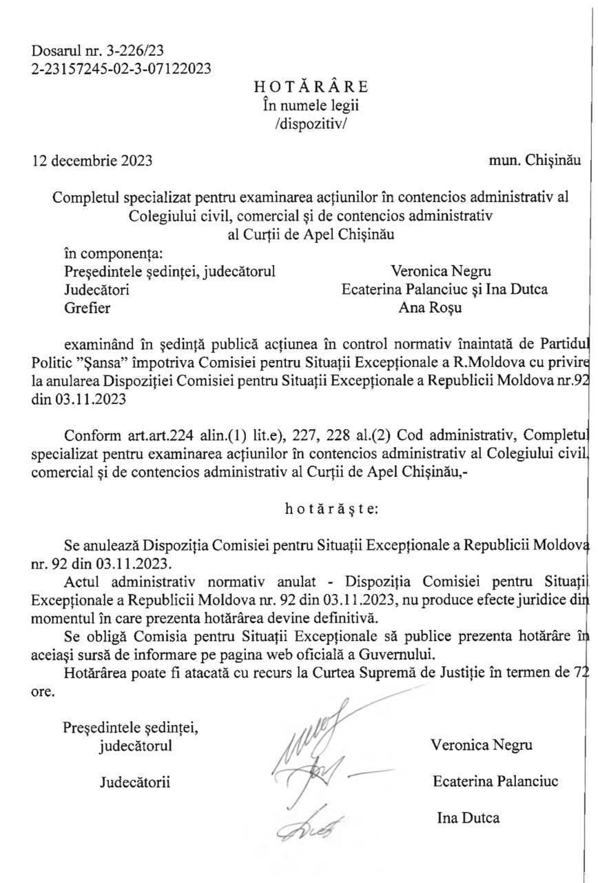 Decizia Curții de Apel