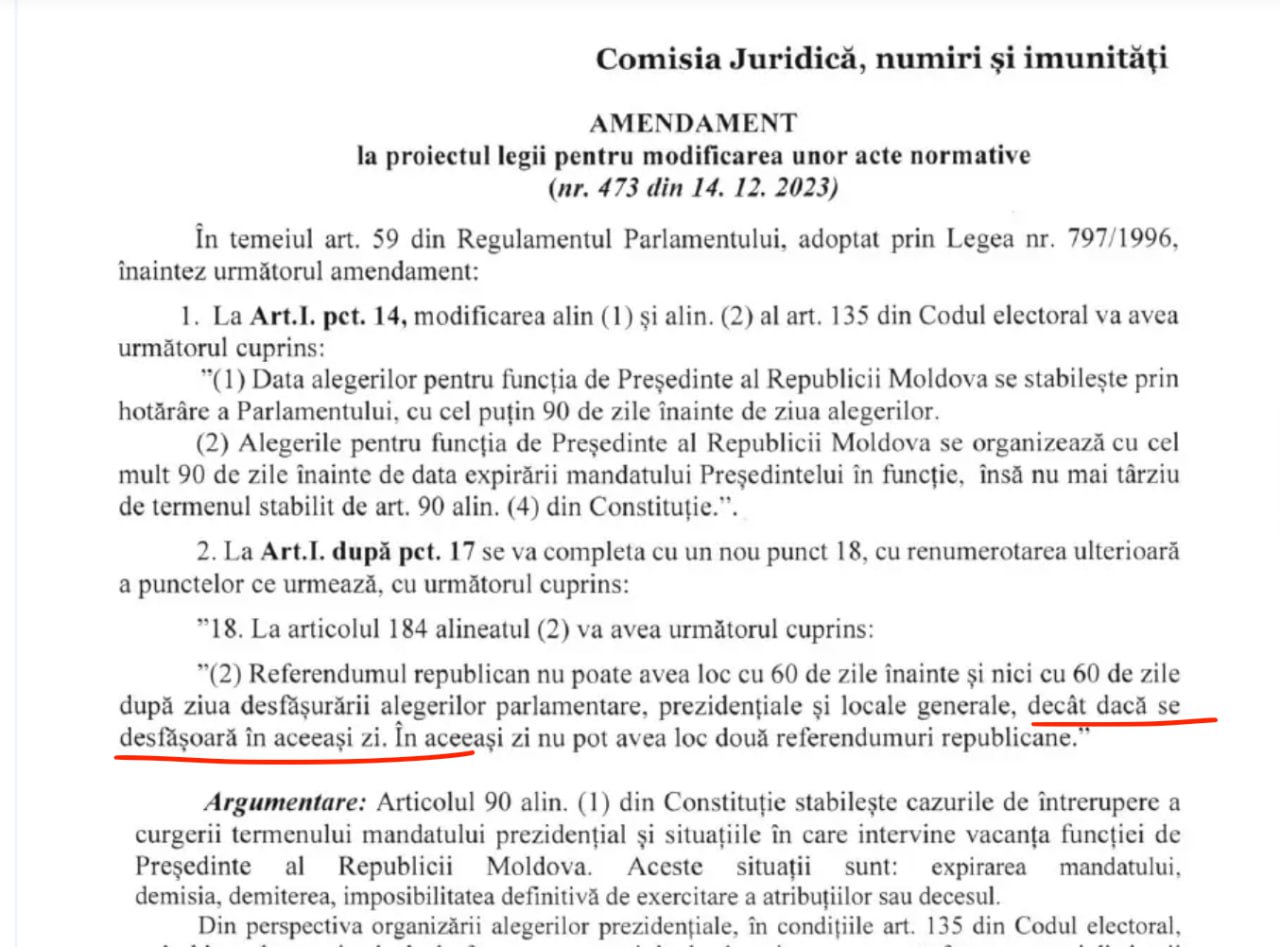 După ce anterior deputata PAS Veronica Roșca spunea că interpretările Curții Constituționale permit organizarea unui referendum odată cu alegerile prezidențiale, cu condiția ca interpretarea Constituției să fie transpusă în lege, azi vedem următorul pas: A fost înregistrat un proiect de modificare a Codului Electoral, care să prevadă expres posibilitatea de organizare a referendum în aceeași zi cu alegerile prezidențiale de anul viitor