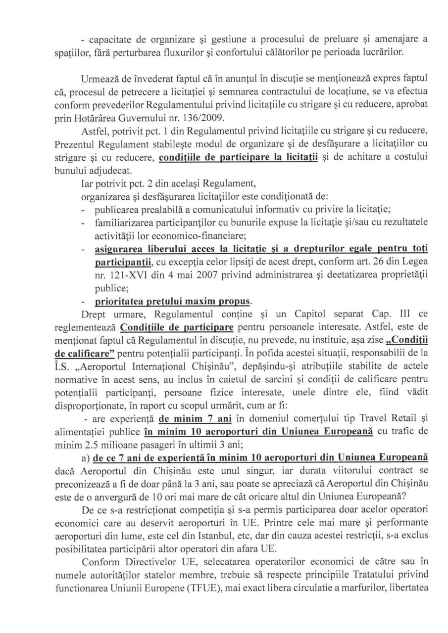 Companii cu experiență și din UE. Mișcarea Alternativa Națională (MAN) – partid condus de primarul de Chișinău, Ion Ceban – a depus miercuri, 31 ianuarie, o sesizare la Centrul Național Anticorupție (CNA). Formațiunea politică susține că organizatorii licitației pentru selectarea operatorului economic care va lua în locațiune spațiile din incinta Aeroportului Internațional Chișinău pentru prestarea serviciilor de alimentație publică și Travel Retail ar fi admis mai multe abateri atunci când au elaborat caietul de sarcini. Mai mult, potrivit MAN, aceștia ar fi „depășit” cadrul legal și ar fi inclus „cerințe disproporționate” cu scopul urmărit