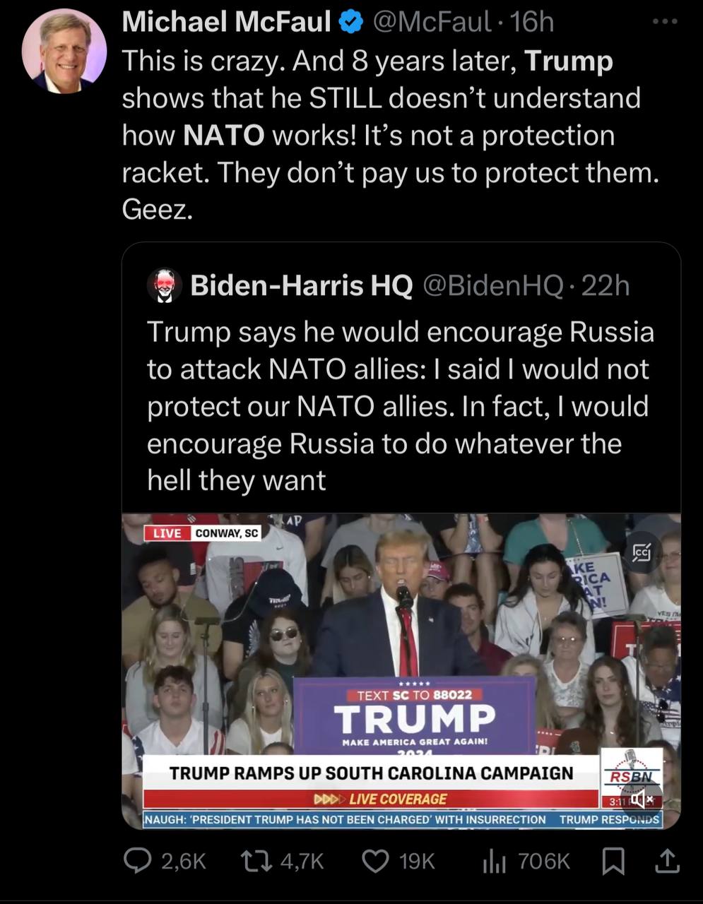 Declarația lui Trump a incins spiritele pe rețeaua de socializare a lui Elon Musk. Pe X/twitter apar sute de mesaje care condamnă declarația lui Trump prin care lasă să se înțeleagă că poate lăsa Europa la cheremul lui Putin. Mesajele vin în special de la grupuri pro-Biden, dar, surprinzător, și de la votanți republicani