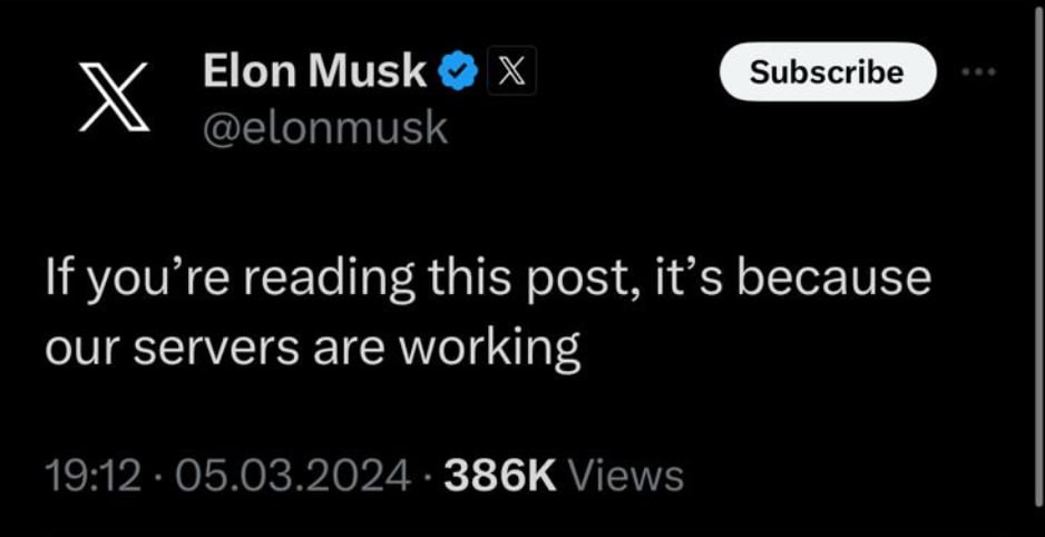 Elon Musk, trolling în adresa concurenților: __Dacă puteți citi aceste postări pe X, asta înseamnă că serverele noastre funcționează.__