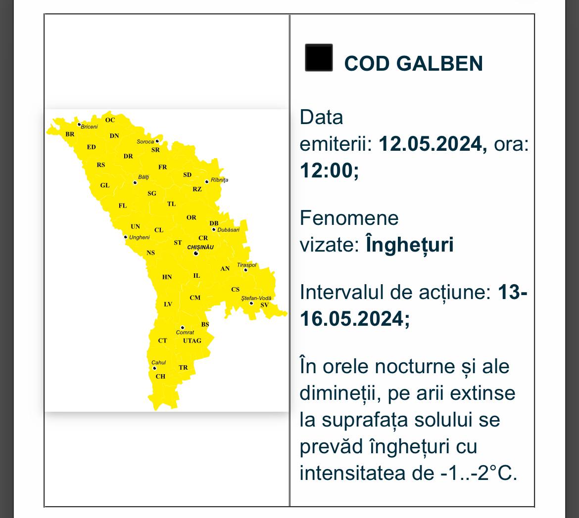Alertă meteo de îngheț în perioada nopții, în următoarele 3 zile