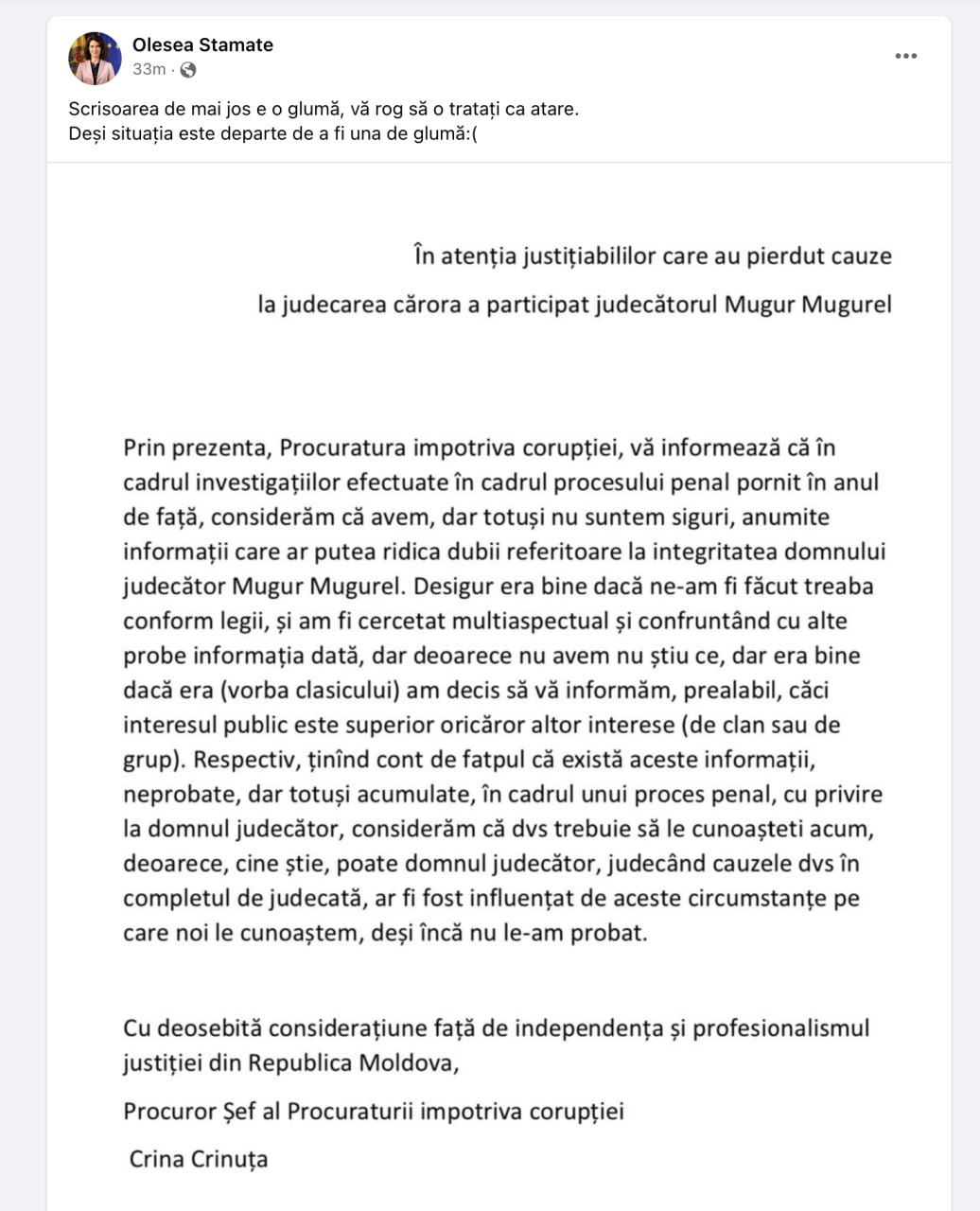Fosta președintă a comisiei juridice de la PAS, Olesea Stamate, trolling în adresa Veronicăi Drăgălin. Aceasta publică un text  cu referire la scrisoarea șefei PA de ieri, unde anunța că are bănuieli rezonabile în privința Tatianei Răducan și afilierea ei cu Șor și Platon: __"Scrisoarea de mai jos e o glumă, vă rog să o tratați ca atare. Deși situația este departe de a fi una de glumă :("__