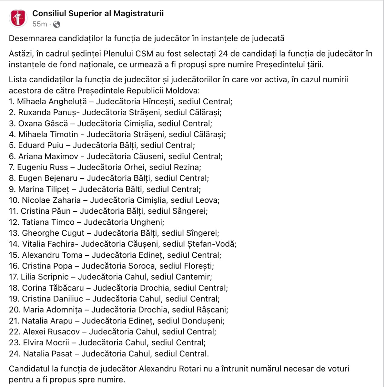 CSM a desemnat 24 de candidați la funcția de judecător, care urmează să fie propuși spre numire șefei statului