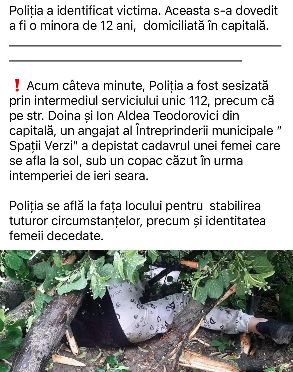 Atenție, imagini cu impact emoțional. O fetiță de 12 ani a decedat aseară în Capitală, strivită de copacii care au fost doborâți de vântul puternic
