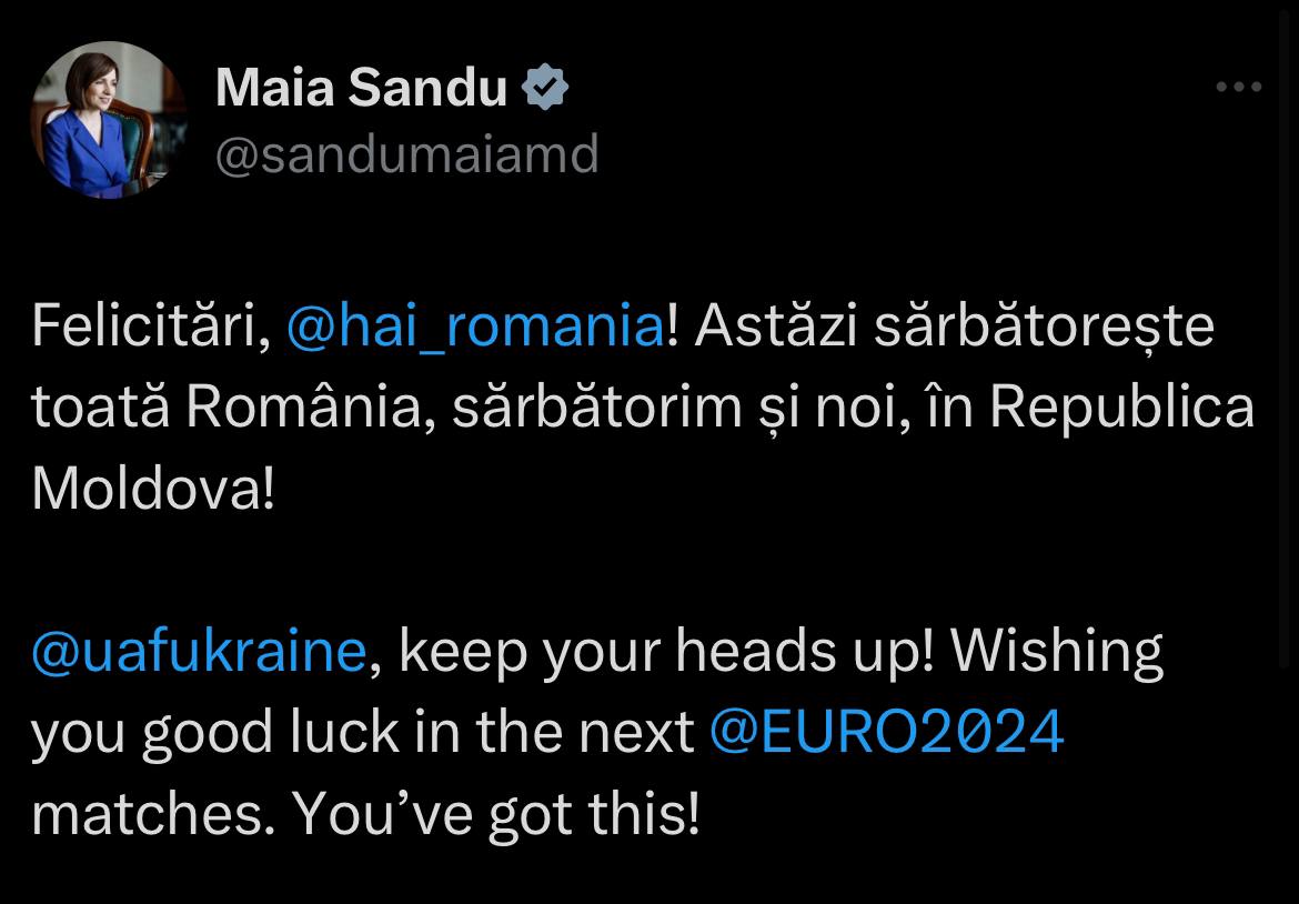 Relație bună cu vecinii: Maia Sandu a felicitat echipa României și i-a încurajat pe ucraineni în contextul meciului de la Campionatul European de fotbal