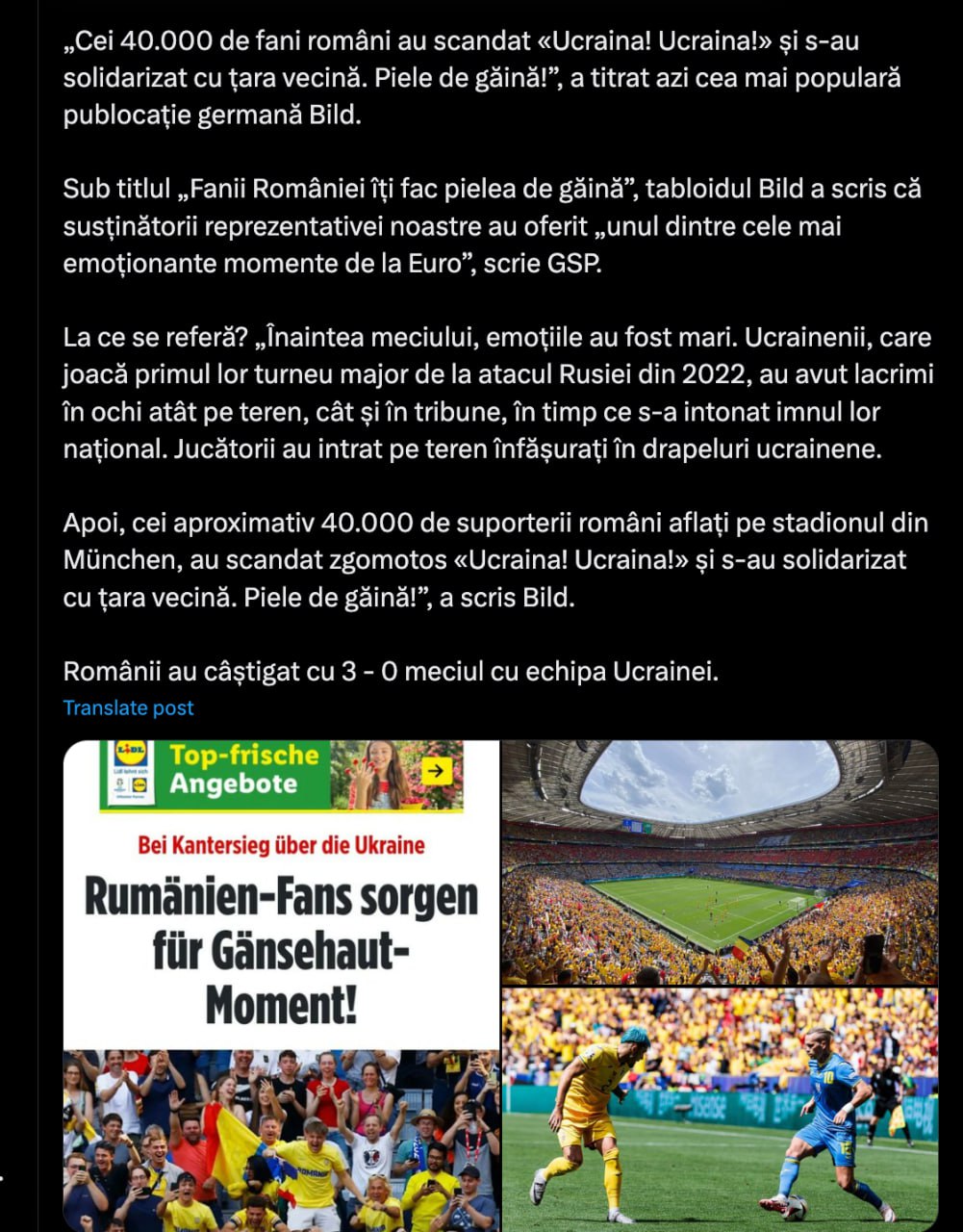 Cotidianul Bild (Germania): Fanii români s-au solidarizat cu ucrainenii și au scandat "Ucraina" în debutul meciului cu țara vecină de la Euro 2024