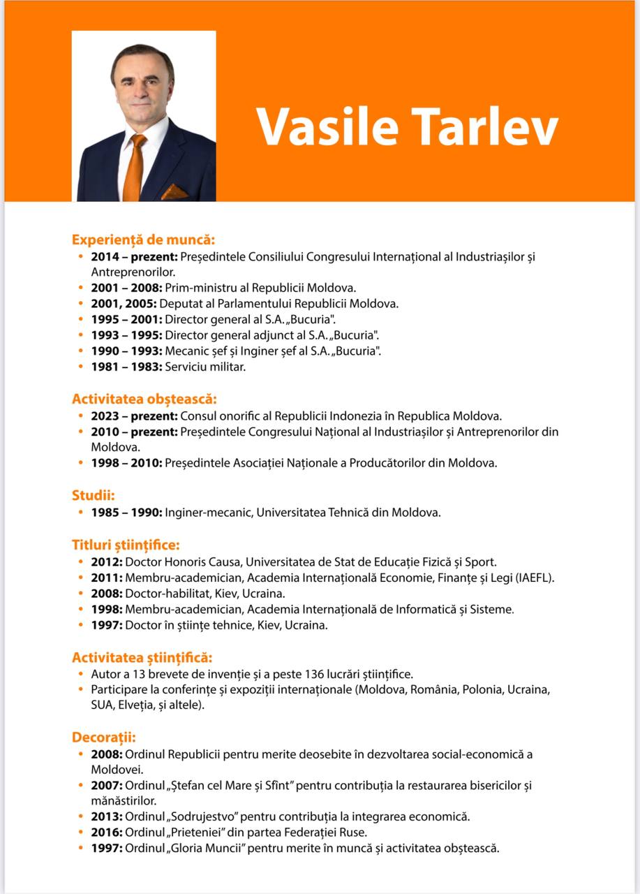 Nu trebuie să ne mai facem griji că nu avem cu cine vota la alegeri. Am găsit viitorul președinte, cel care în sfârșit va salva Moldova - Vasile Tarlev. Potrivit CV-ului expediat presei, acesta este: