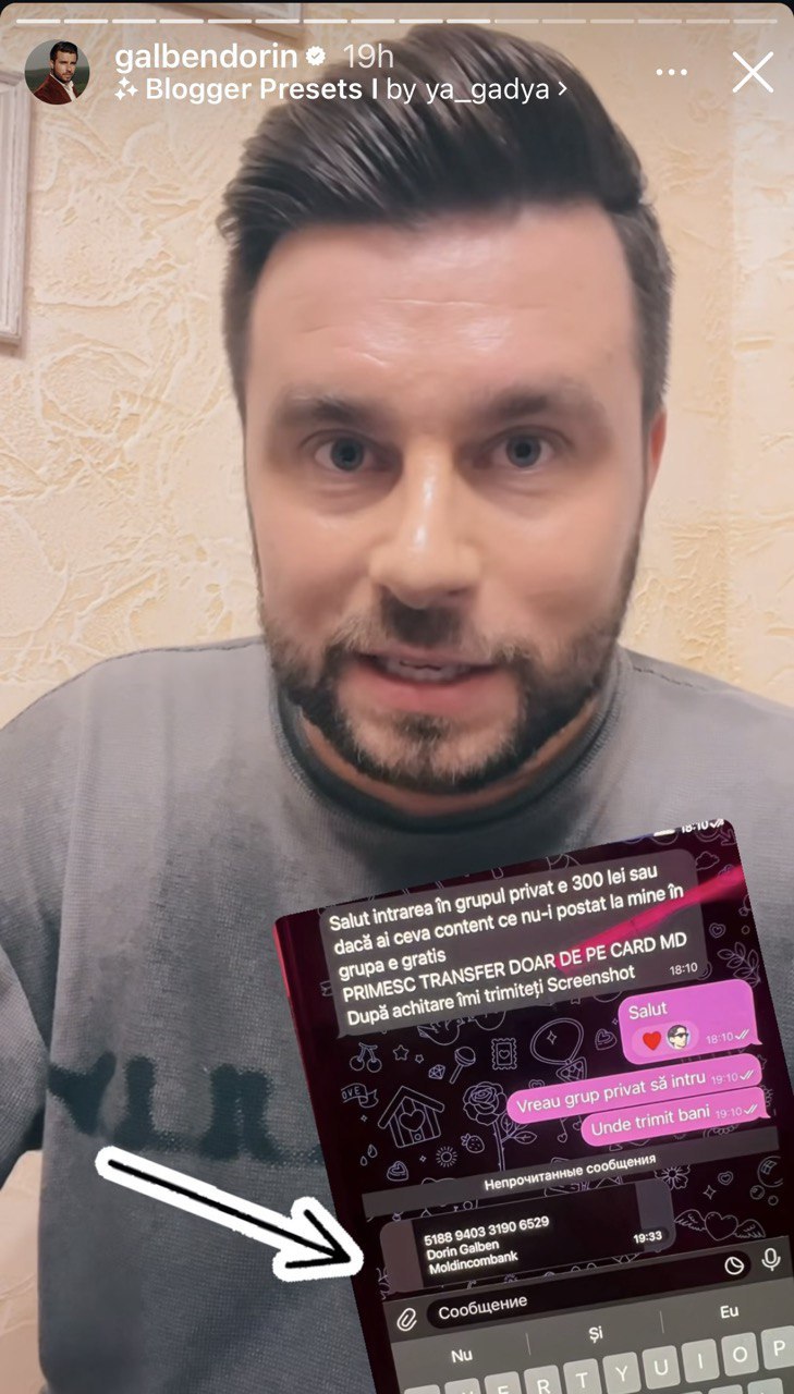 Dorin Galben spune că numele său este folosit în schema de pe Telegram, unde un grup infracțional de anonimi cer bani de la utilizatori, pentru a le da acces la clipuri video și foto intime cu femei din Moldova