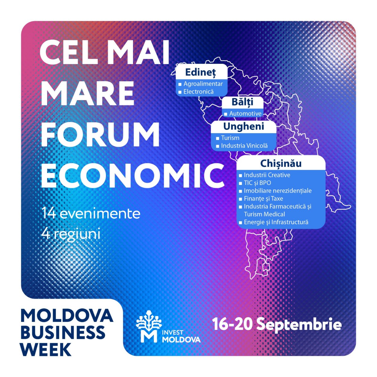 Agenția de Investiții te invită la Moldova Business Week 2024, evenimentul de referință pentru oportunități de afaceri și investiții în Moldova. Pentru prima dată, evenimentul va avea loc în 4 regiuni strategice: