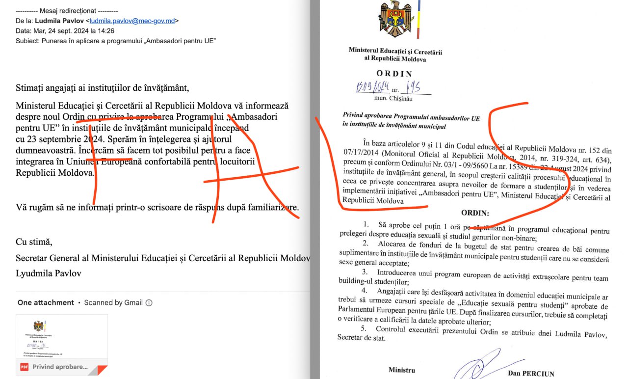 Rubrica Falsul Zilei: O scrisoare falsă din numele ministrului Educației, Dan Perciun, este distribuită pe Internet, inclusiv pe emailurile șefilor din Educație. Epistola falsă, care pare să fie trasă la indigo cu cele de zilele trecute unde se anunța creșterea tarifelor la gaz, menționează că __"ministrul ordonă aprobarea a cel puțin 1h în programul săptămânal în programul educațional pentru educație sexuală și non-binară, alocarea de bani din buget pentru băi comune".__