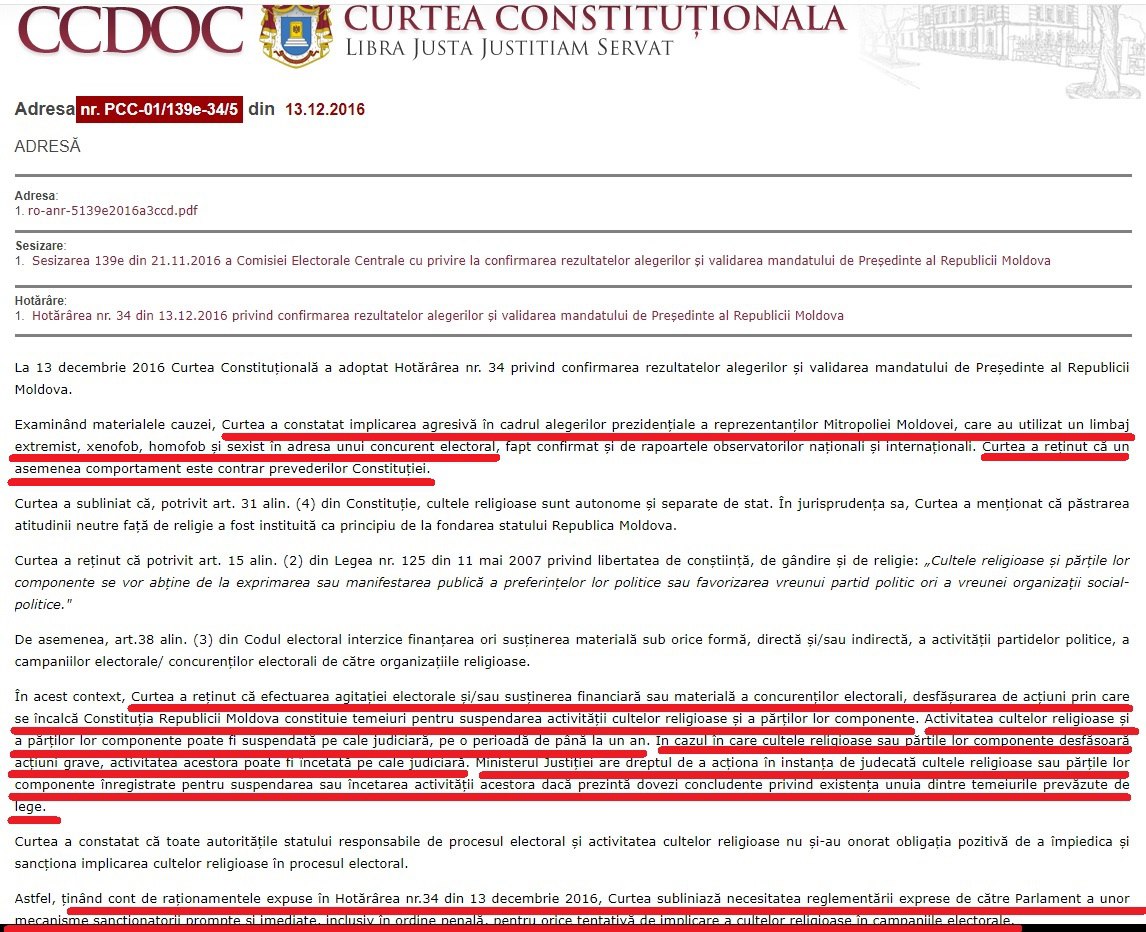 Jurnalistul Vitalie Călugăreanu despre preoții care fac agitație electorală: "Parte a Hotărârii Curții Constituționale din 13.12.2016 de validare a alegerilor prezidențiale câștigate de Igor Dodon. Curtea a cerut Parlamentului să facă ceea ce vedeți la final subliniat cu roșu: __"Curtea a reținut că efectuarea agitației electorale și/sau susținerea financiară sau materială a concurenților electorali, desfășurarea de acțiuni prin care se încalcă Constituția R. Moldova constituie temei pentru suspendarea activității cultelor religioase și a părților componente". __