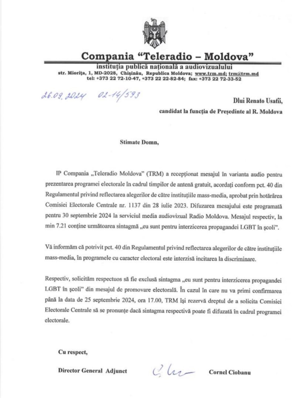 Usatîi a publicat scrisoarea de la TRM despre care spune că îi interzice să publice un clip audio electoral. În textul Teleradio Moldova se menționează că "în pct. 40 al Regulamentului privind reflectarea alegerilor de către instituțiile mass-media, în programe cu caracter electoral este INTERZISĂ incitarea la discriminare" și i se solicită să excludă această secvență