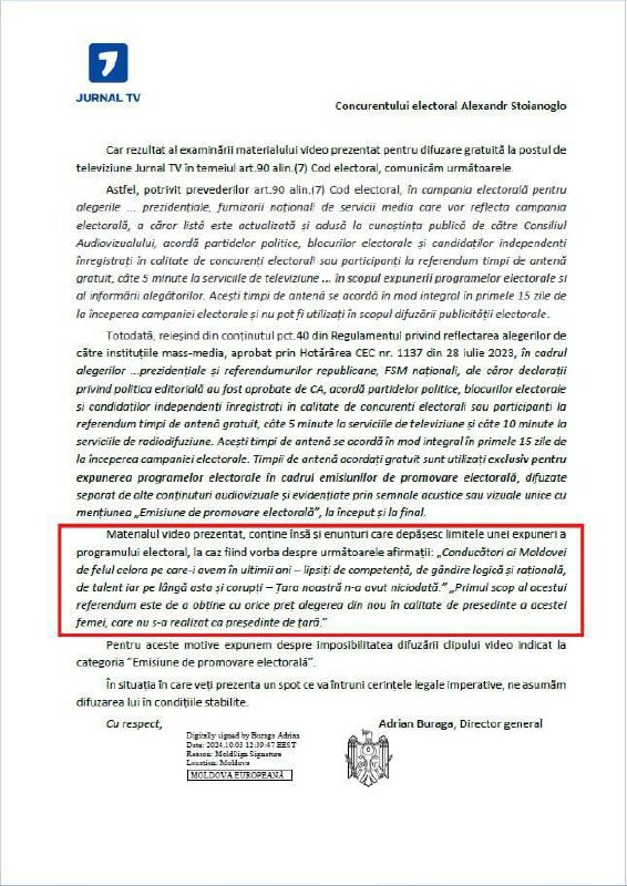 Mesajul electoral al lui Stoianoglo, respins de JurnalTV. Explicația postului: Mesajul nu întrunește cerințele legale de expunere electorală (...) Depășește limitele de expunere a programelor electorale