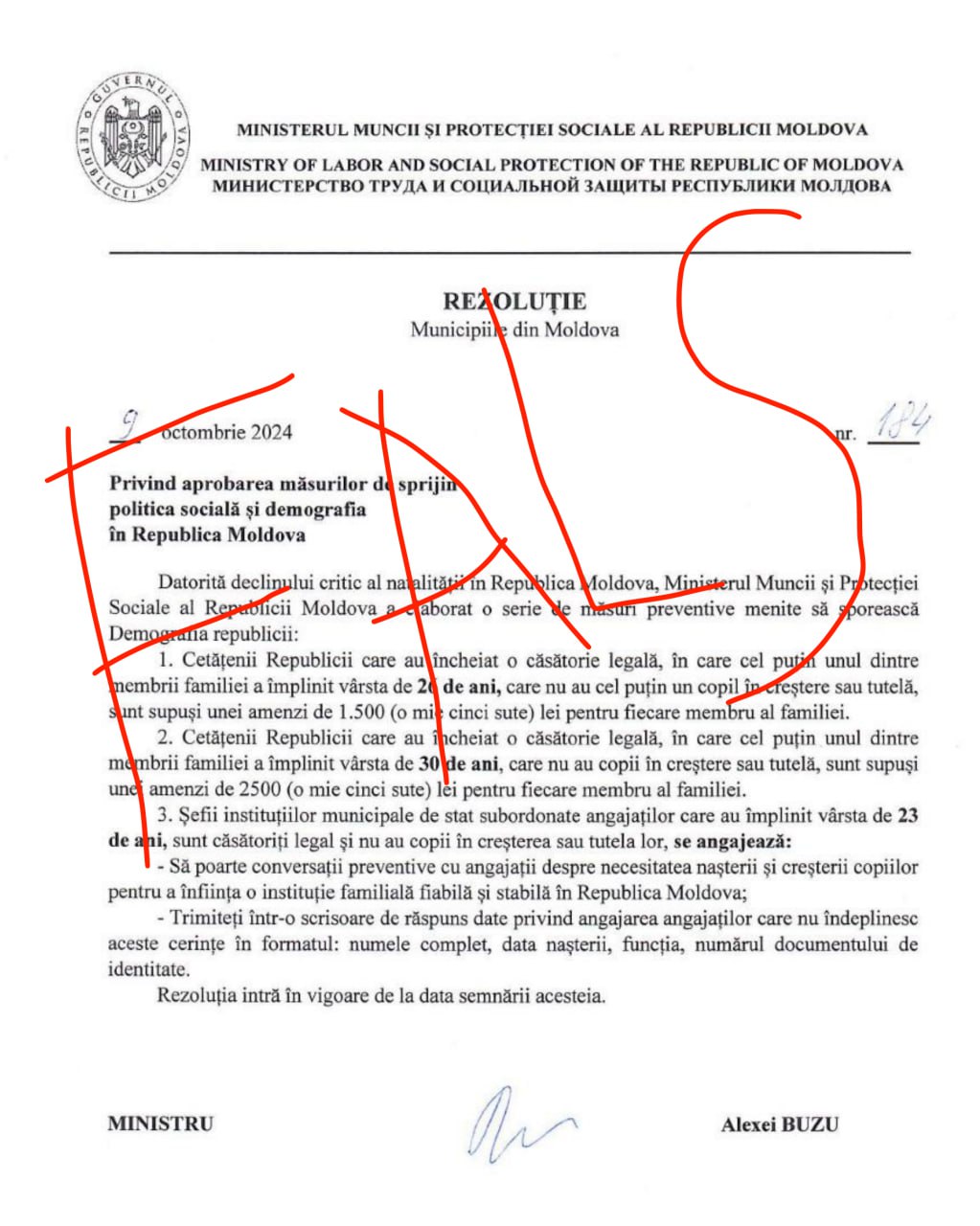 Rubrica "Falsul Zilei" - despre sporirea natalității 😀 De data asta chipurile de la Ministerul protecției sociale și ministrul Alexei Buzu. În scrisoare se anunță amenzi pentru cei căsătoriți fără copii