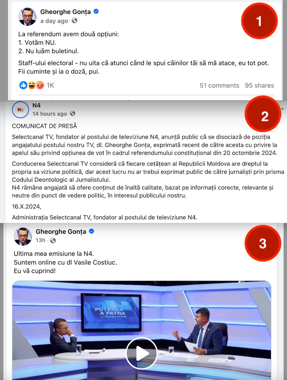 Demisie în 3 pași. Gheorghe Gonța nu va mai face emisiuni la N4. Ultimul a postat pe facebook un text în care îndemna oamenii să boicoteze sau să spună NU la referendumul de aderare la UE. Ulterior, postul a emis un comunicat în care a declarat că se disociază de poziția lui pentru că a încurcat jurnalismul cu agitația politică: