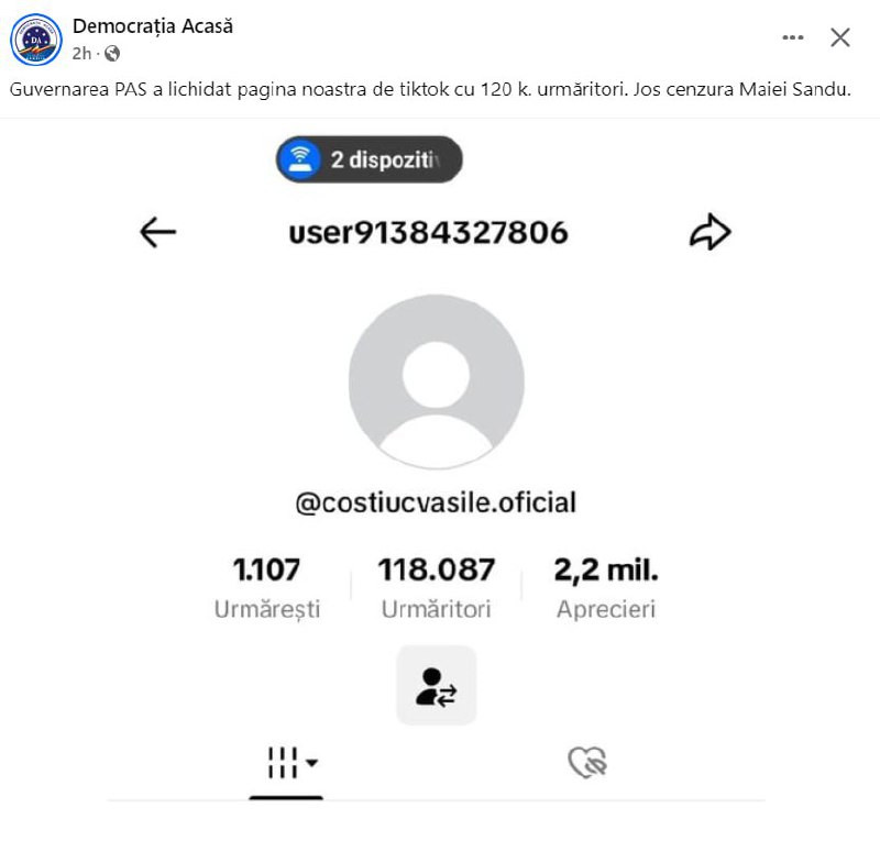 Mahalagiul Vasile Costiuc, rămas fără cont de TikTok de 100 de mii de abonați, după ce a încălcat regulamentul platformei. Acesta scrie că Maia Sandu i-a închis contul