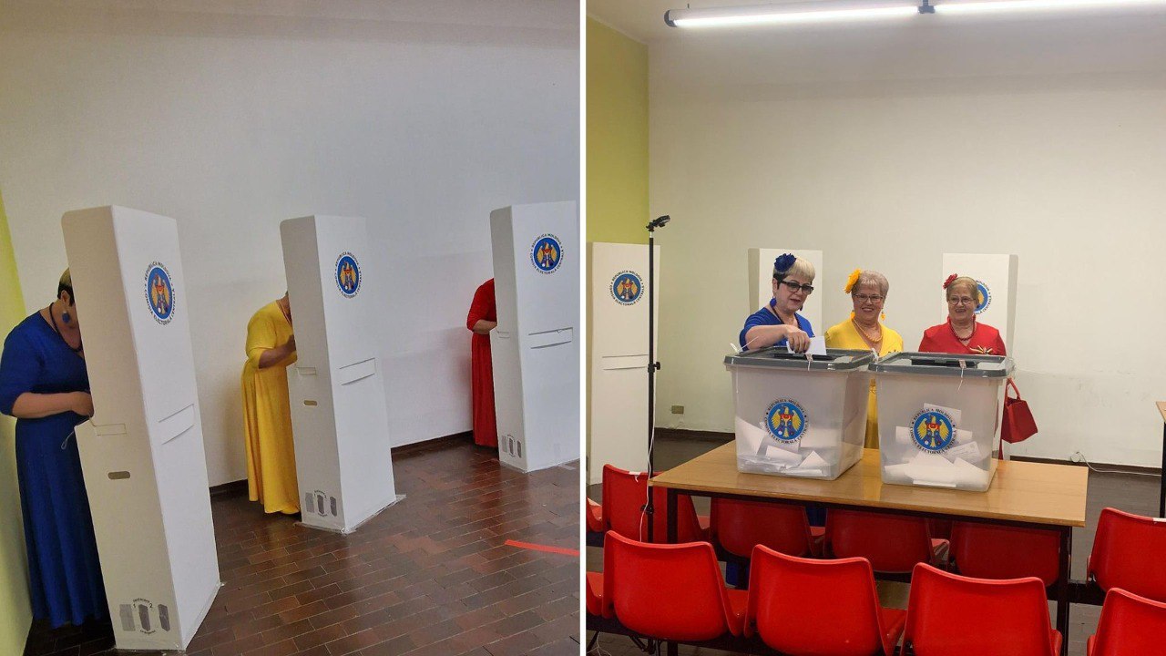 Apariție spectaculoasă la o secție de votare din Italia: Cum s-au prezentat la vot trei alegătoare: Cu haine în drapelul R. Moldova