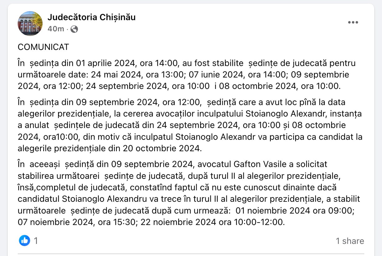 Cum motivează judecătoria Chișinău faptul că a stabilit o ședință de judecată cu Stoianoglo înainte de alegeri: "Nu se știa dacă va ajunge în turul II"