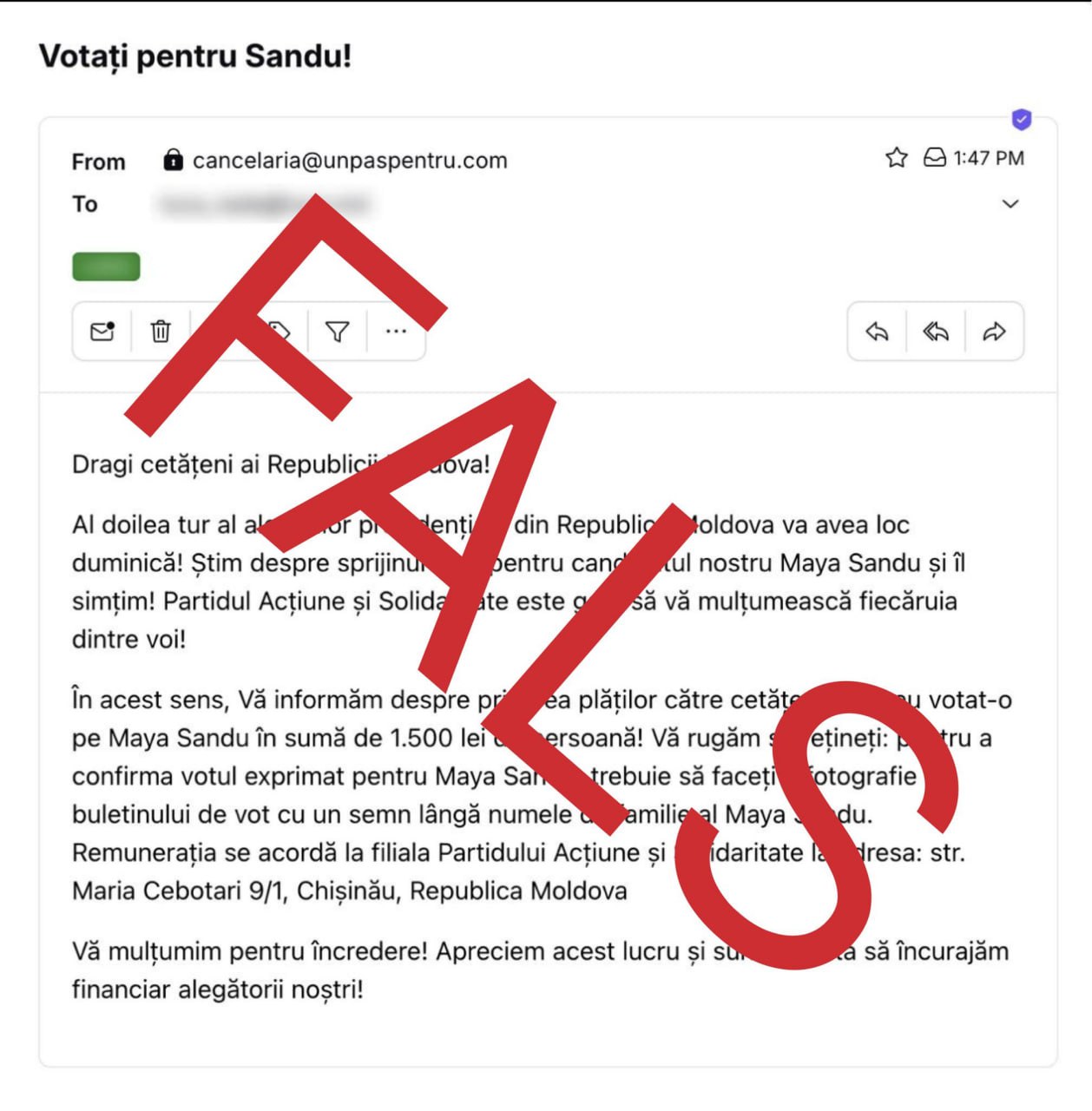 Partidul de guvernare reclamă mai multe email-uri false trimise cetățenilor, în care li se spune că vor primi 1500 de lei dacă o vor vota pe Maia Sandu