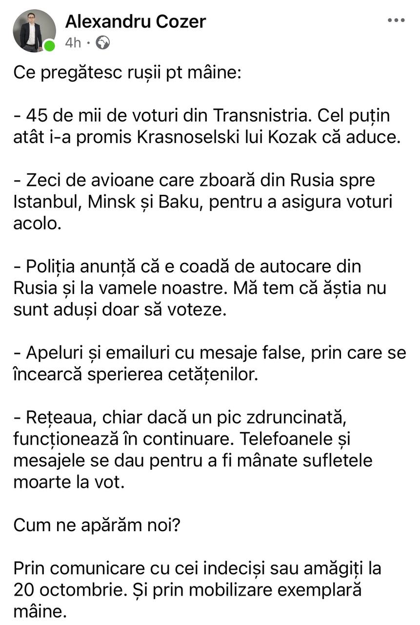 Jurnalistul Alexandru Cozer scrie ca separatiștii din reg. transnistreană au promis 45 mii voturi rușilor mâine, la alegeri