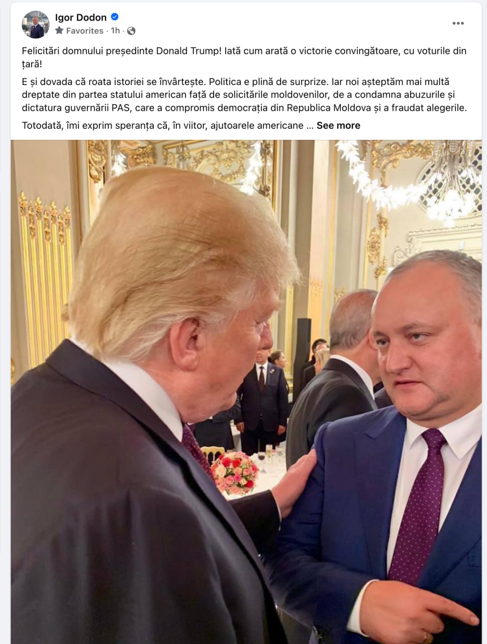 Igor Dodon a găsit repede o fotografie din arhivă, unde s-a fotografiat cu Trump pe un coridor și l-a felicitat cu victoria în alegeri