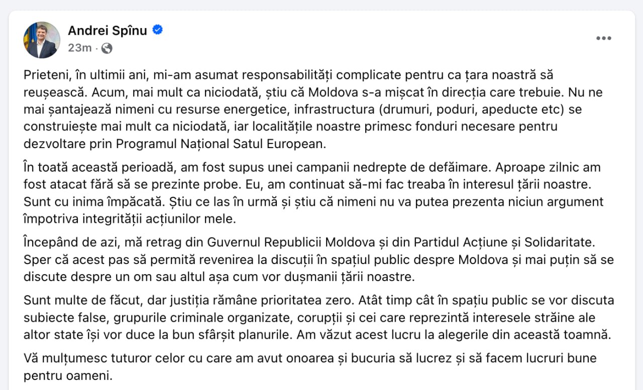 Breaking: Andrei Spînu anunță ca se retrage din Guvern și din PAS. Acesta spune ca în ultimii ani a fost ținta unei campanii nedrepte de defăimare, fiind atacat fără să se prezinte probe