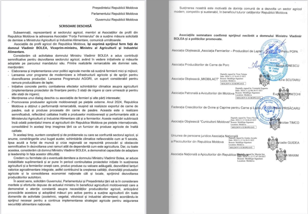 Fermierii din domeniul zootehniei, apicultură și ramura producătoare de lapte, scrisoare deschisă în susținerea lui Vladimir Bolea, ministru al Agriculturii. Aceștia spun că nu susțin demersul Asociației Forța Fermierilor