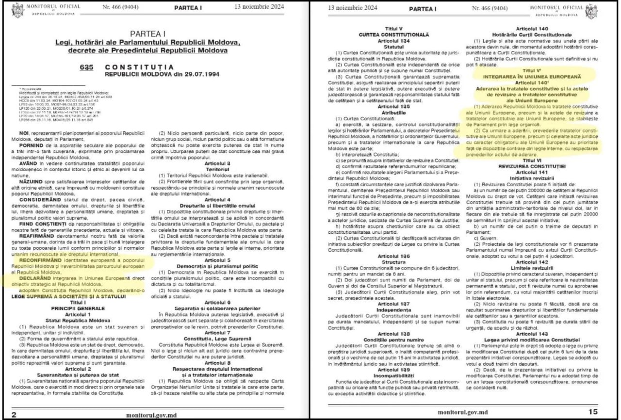 Constituția Republicii Moldova a fost republicată în Monitorul Oficial. Documentul, modificat prin referendum, subliniază că aderarea la Uniunea Europeană reprezintă obiectivul strategic al țării