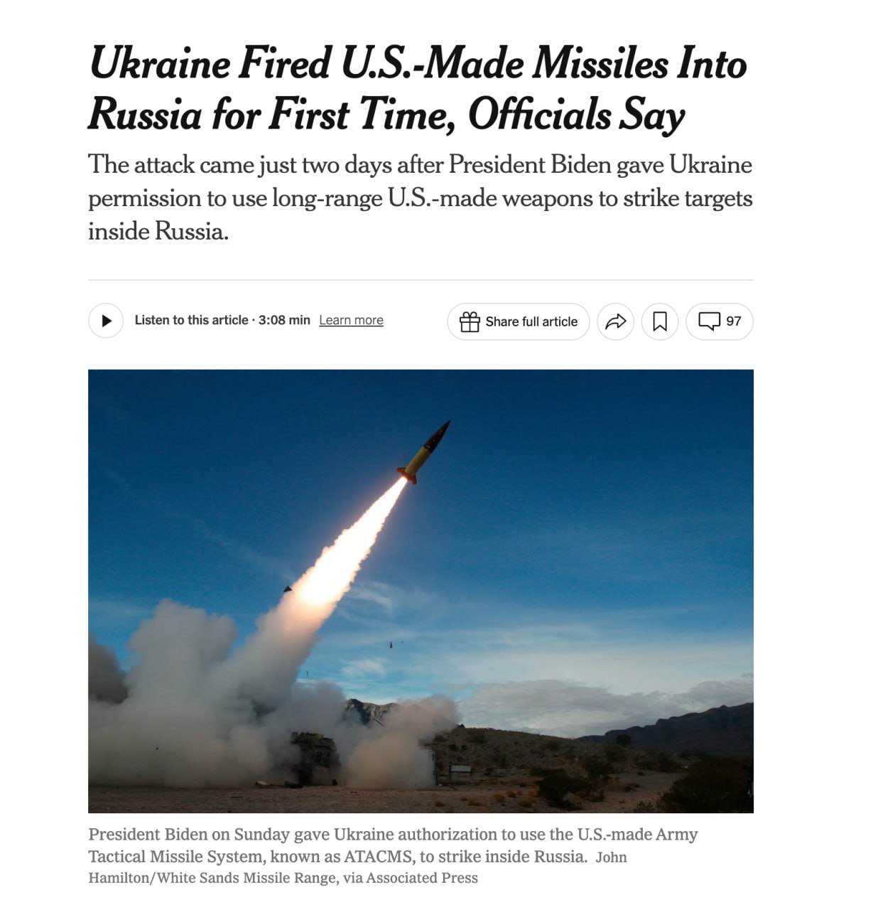 New York Times, citând surse anonime din armată: Armata ucraineană a folosit în premieră 6 rachete americane ATACMS pentru a lovi un depozit rusesc de arme din Bryansk, aflat la 130 km de graniță