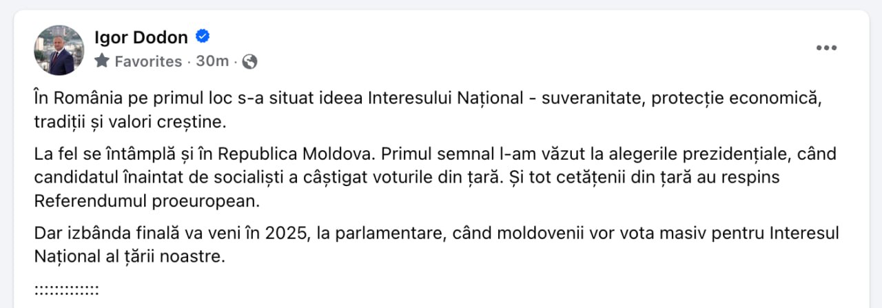 Igor Dodon are și el o părere despre rezultatele prezidențialelor din România: