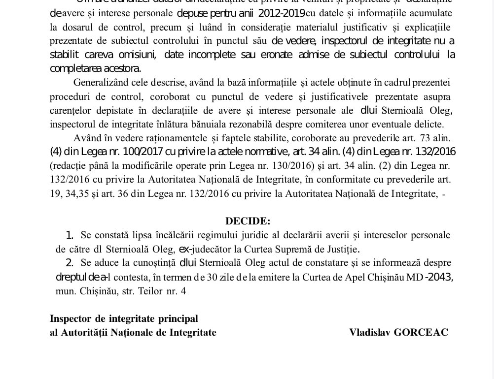 FELICITĂRI! ANI constată „lipsa încălcării regimului juridic al declarării averii” în privința fostului judecător al CSJ, Oleg Sternioală, reținut în 2019 pentru spălare de bani