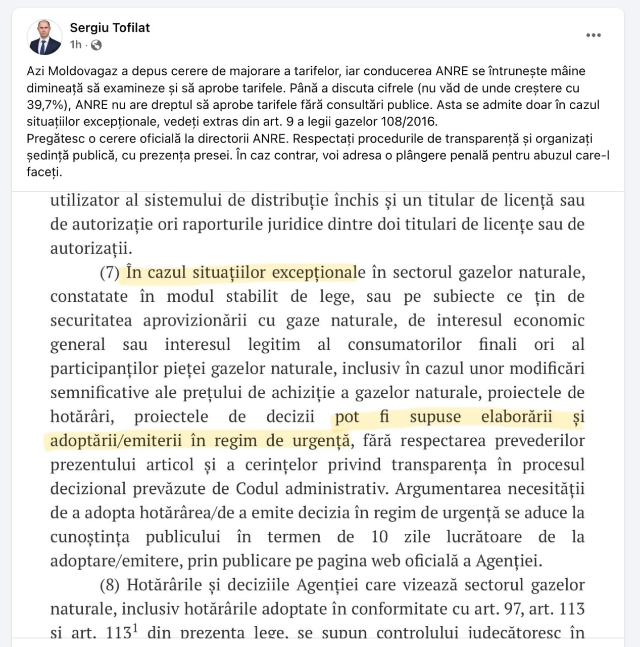 Sergiu Tofilat, membru în Consiliul de Observatori al MoldovaGaz, cere transparență și consultări publice după ce MoldovaGaz a cerut creșterea tarifului cu 30%