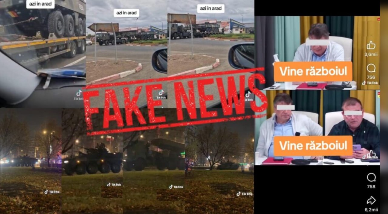 România: Grupuri de interese ascunse încearcă destabilizarea țării. Imagini cu tehnică militară, distribuite masiv pe Tik Tok. Se induce ideea că România se pregătește de război. Sunt folosite inclusiv imagini de la parada de 1 Decembrie.  Ministerul Apărării: Toate aceste informații sunt false!