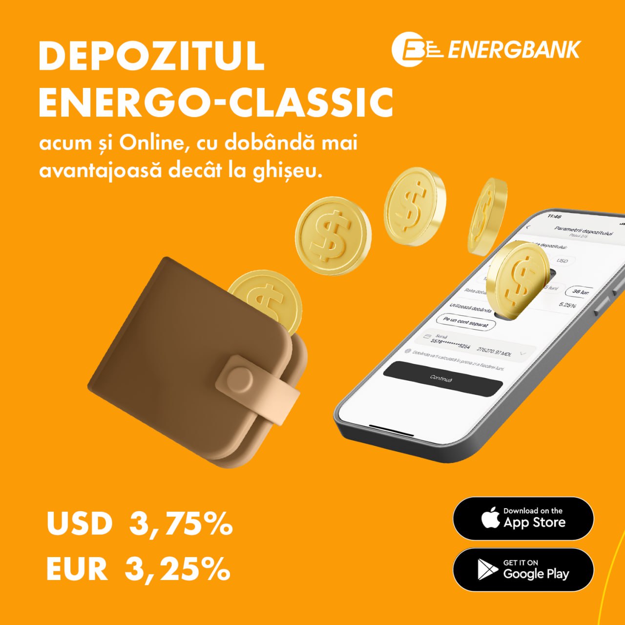 Să vorbim puțin despre bani: Energbank anunță depozitul în valută unde poți câștiga 3.25% în EURO. Iar partea faină e că îl poți deschide direct din aplicația mobilă de pe telefonul tău