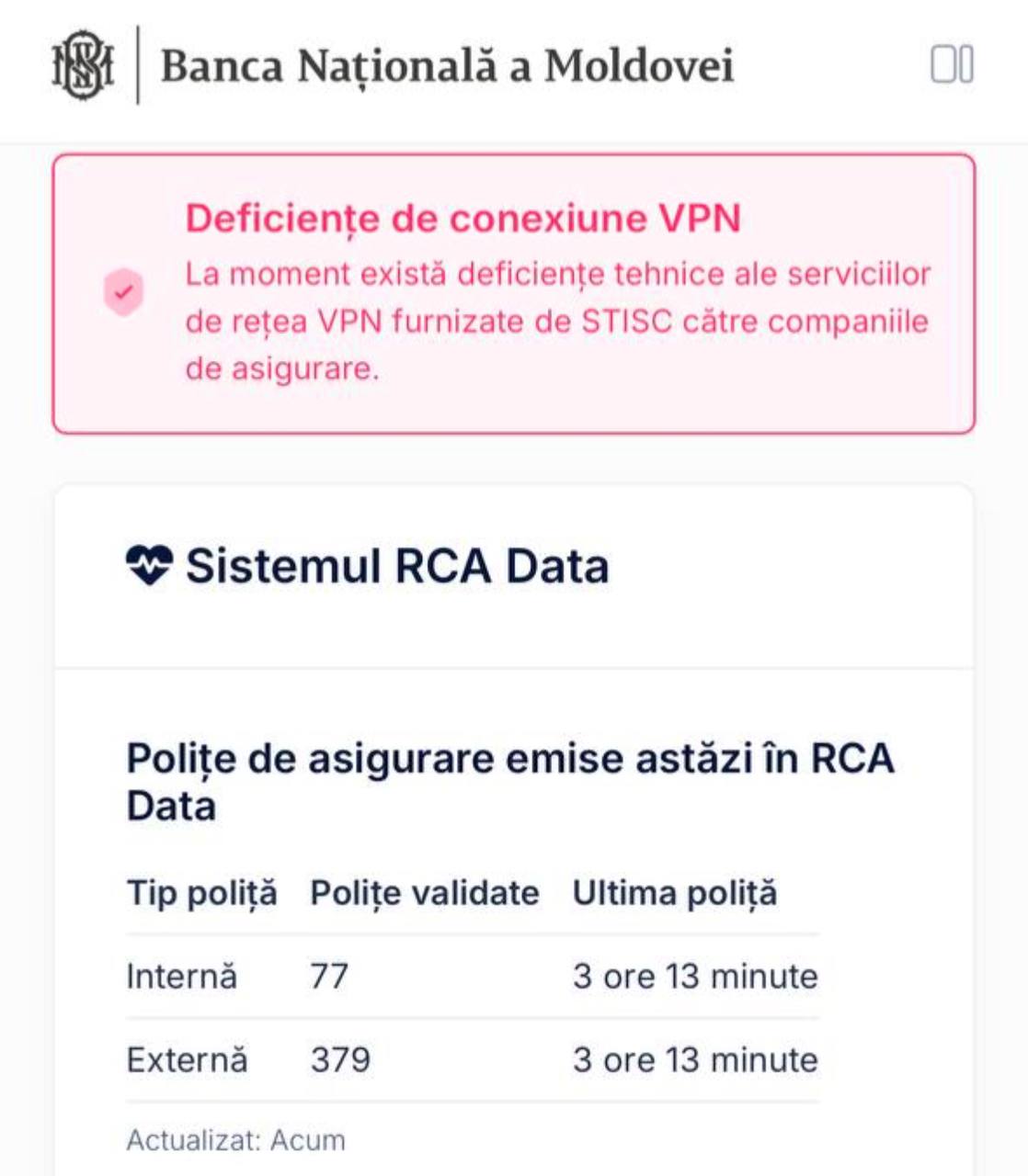 Serviciul de emitere Carte Verde nu este disponibil de mai bine de 3 ore