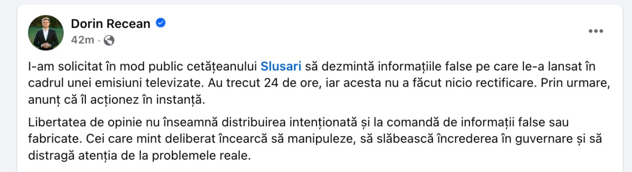  Dorin Recean a anunțat că-l acționează în judecată pe Alexandr Slusari pentru declarații false. Ultimul nu și-a retras nici acuzațiile, nu a prezentat probe și nici nu și-a cerut scuze, declarând "că nu va fi intimidat"