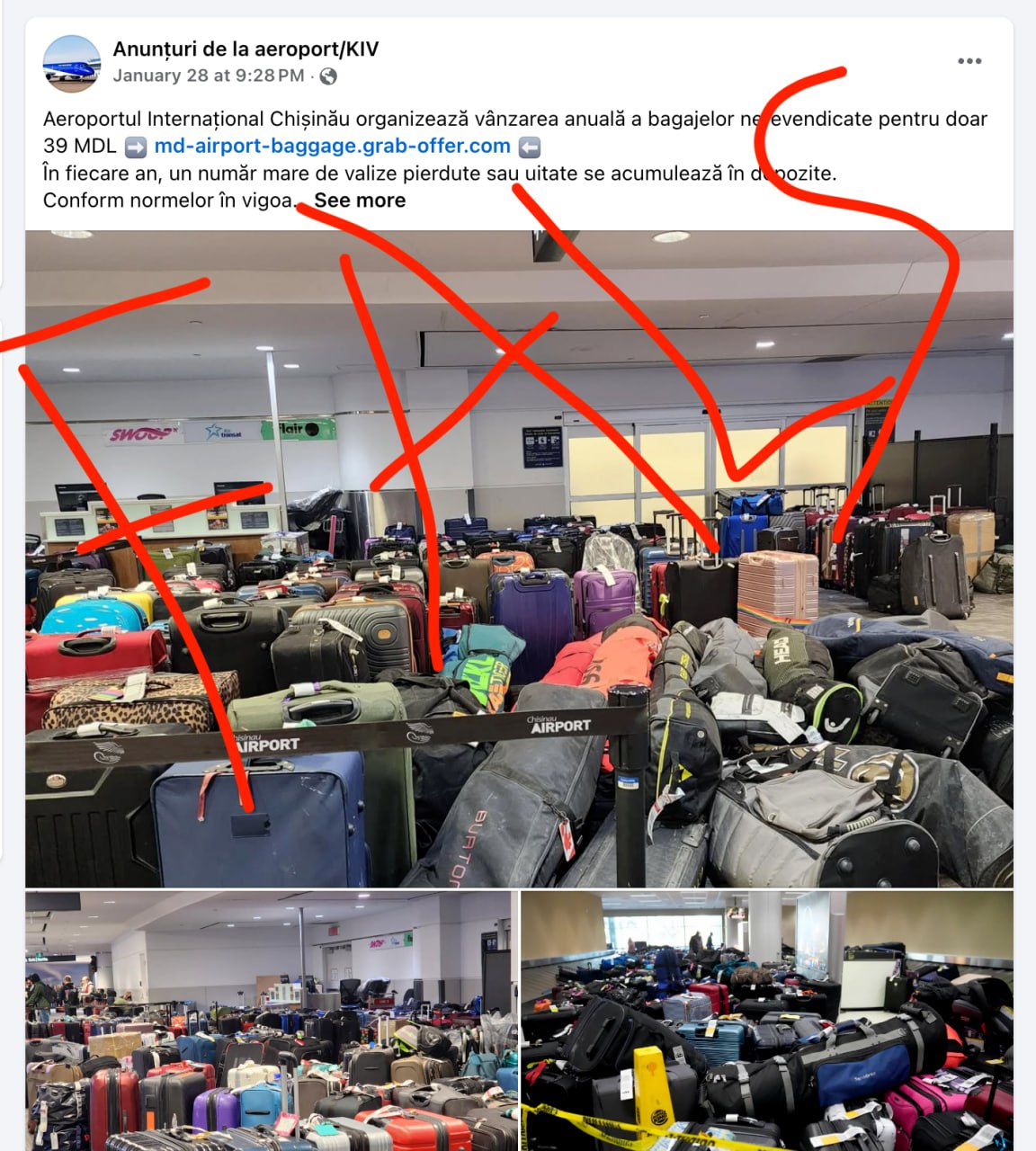 Aeroportul Internațional Chișinău avertizează asupra unei escrocherii recurente care circulă în spațiul public, conform căreia aeroportul ar vinde bagaje pierdute